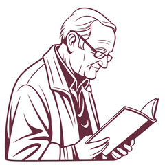 Elderly man wearing glasses and a jacket reads a book with a smile on his face