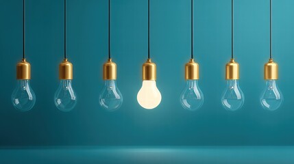 A creative image of light bulbs, with one glowing, suggesting innovative ideas and creativity.