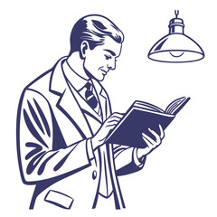 Retro man in suit reading a book under a lamp