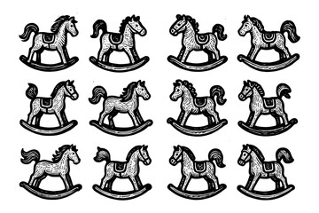 Obraz premium Vintage wooden rocking horse pattern in hand-drawn style