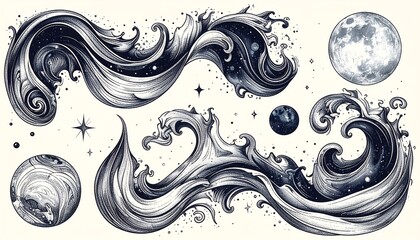 Cosmic waves, celestial swirls, and moon