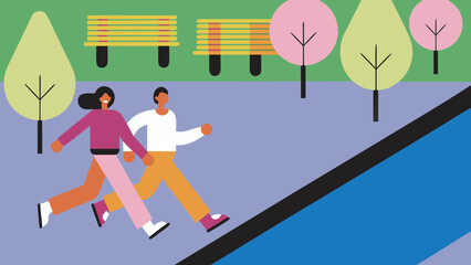 Two people jogging in a park with trees and benches, enjoying outdoor activity and healthy lifestyle