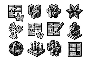 Hand-drawn puzzle elements and brain teasers collection