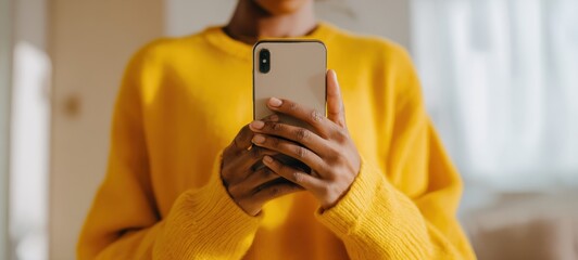 The smartphone in hands of person wearing cozy yellow sweater at home