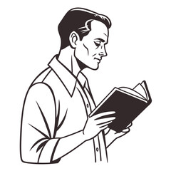 Stylized illustration of a man in profile wearing a collared shirt reading a book