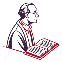 Stylized illustration of a man wearing glasses reading an open book with a white background