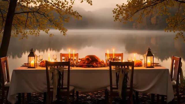 Thanksgiving dinner table is set by a lake at sunset with candles and autumn leaves