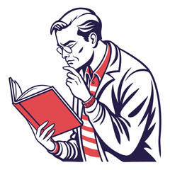 Thoughtful man wearing glasses reading a book with a pensive expression and finger on chin