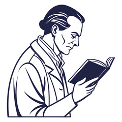 Vintage illustration of a man in a suit reading a book with intense focus and concentration