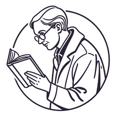 Vintage style illustration of a man wearing glasses and a coat reading a book inside a circle