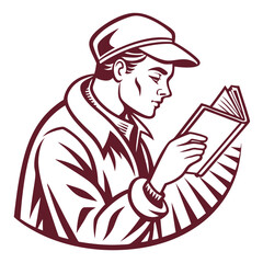 Vintage style illustration of a man wearing a cap and coat reading a book