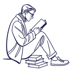 Young man with glasses sitting on the floor reading a book surrounded by a stack of books
