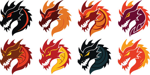 Dragon Head Icon Set Vector, Fierce Dragon Outline, Mythical Dragon Logo, Dragon Head Silhouette, Fantasy Creature Emblem
