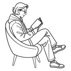 Young person wearing glasses and a hoodie sits comfortably in a chair reading a book