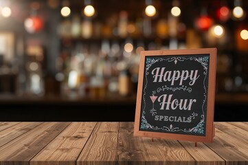 Chalkboard sign advertising happy hour specials in a bar  