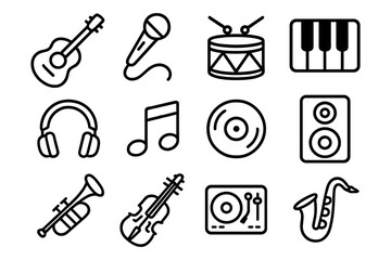 Music icons set: instruments and notes in simple outline style