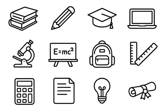 Educational icons set: linear style symbols for school and learning tools