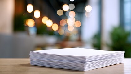 Stack of white papers on a table, blurred background