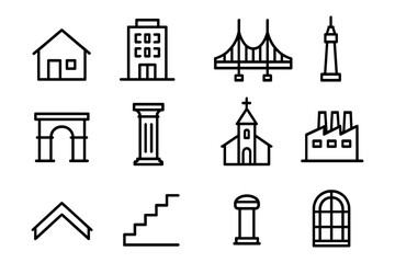 Collection of outline building and architecture icons featuring landmarks and structures