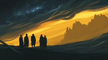 Fototapeta premium A group of figures standing together on a landscape looking towards a mountainous horizon under a dramatic colorful sky at sunset