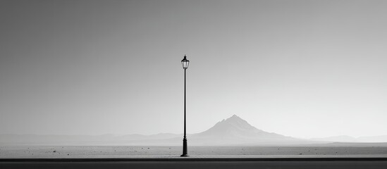 A solitary lamppost in a vast, misty landscape