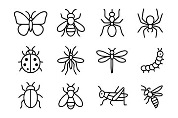 Minimalist black and white line art of insects featuring bees and butterflies