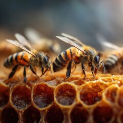 Close-up of honeybees on honeycomb