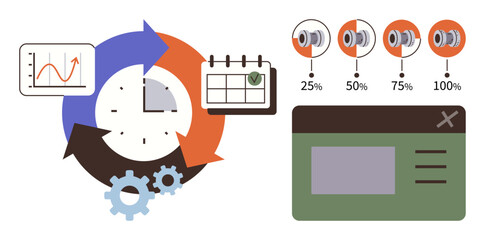 Clock and arrows in circular workflow, gears, chart, calendar, progress percentage, and app interface. Ideal for productivity, time tracking, project management analytics user flow task