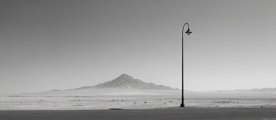 Monochrome desert landscape with lone lamppost