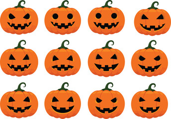 Halloween pumpkin faces, spooky jack o lantern set, funny carved pumpkins, scary pumpkin faces, cartoon Halloween lanterns, orange pumpkin decoration design