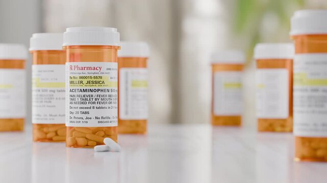 Slow Dolly Camera Movement Focus on Acetaminophen Prescription Medicine Bottles and Pills Resting on Countertop. The label is non-proprietary, fictional, made specifically for the stock photo industry