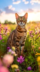 Bengal cat in a flower field at sunset