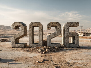 Large 2026 sign with aged stone texture, FUTURE inscription, vast landscape, cracked ground, debris, small plants, barren hills, earth tones, natural lighting, digital art style, themes - AI-Generated