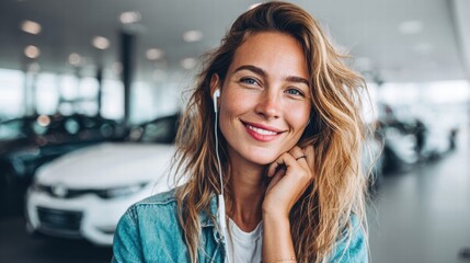 A smiling woman listens to music while in a car dealership setting, enjoying her experience.
