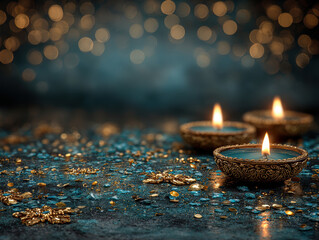 A tranquil scene on a dark surface, featuring three candles in gold containers, scattering warm light Scattered confetti of glittering gold adds to the festive atmosphere The lighting - AI-Generated