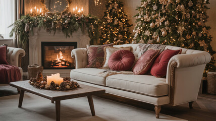 Cozy boho living room with Christmas decor, comfortable sofa, pillows and coffee table