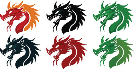 Dragon Head Icon Set Vector, Fierce Dragon Outline, Mythical Dragon Logo, Dragon Head Silhouette, Fantasy Creature Emblem