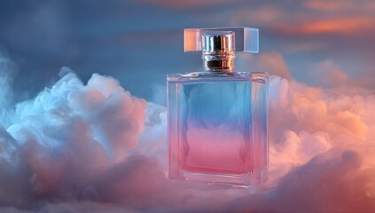 Elegant Perfume Bottle on Cloudscape with Pastel Sky