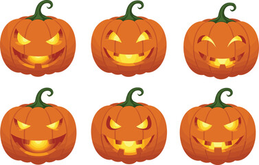 Halloween pumpkin jack o lantern faces, scary carved pumpkins, spooky glowing designs, holiday decoration vector, horror expression collection, autumn festival symbols