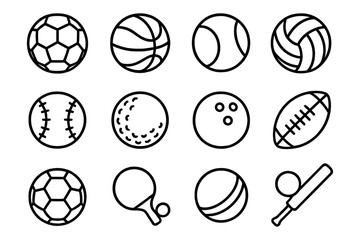 Sports ball icons set in linear style: soccer, basketball, tennis, volleyball and more