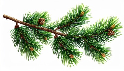 Detailed Macro View of Green Pine Branch with Small Cones Isolated on White Background
