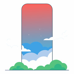 Fototapeta premium Stylized illustration of a window frame opening to a sky with clouds and a gradient sunset