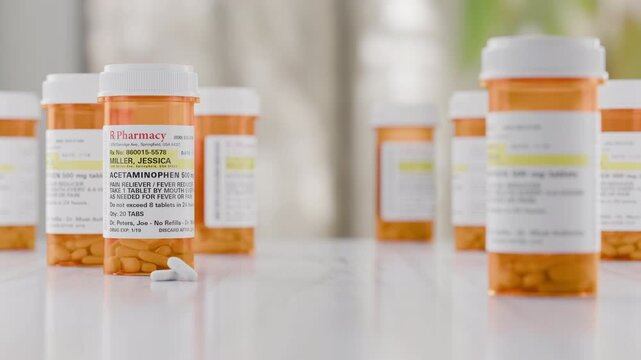 Slow Dolly Camera Movement Focus on Acetaminophen Prescription Medicine Bottles and Pills Resting on Countertop. The label is non-proprietary, fictional, made specifically for the stock photo industry