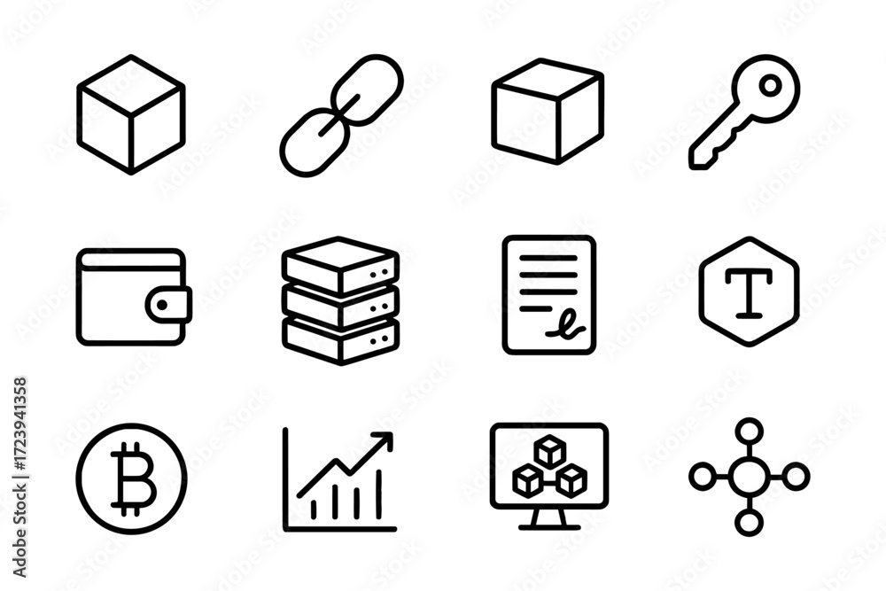 Wall mural minimalist blockchain and cryptocurrency icons set in linear style
