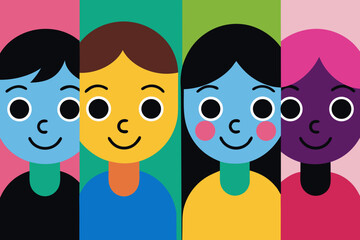 Diverse group of four cartoon people with different skin tones and hair colors, smiling and looking forward, set against a colorful vertical striped background