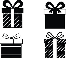 Gift box icons with ribbons, present silhouette collection, holiday celebration packaging, birthday Christmas surprise decoration, vector illustration black white design