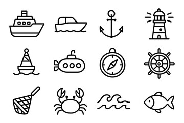 Nautical icons collection: minimalist maritime symbols for navigation and sea adventure