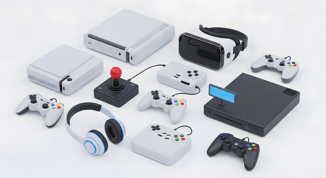 Collection of vintage and modern video game consoles and accessories