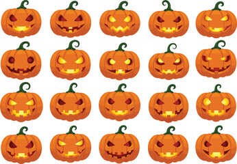 Halloween pumpkin faces set, carved jack o lantern collection, spooky scary glowing pumpkins, autumn holiday decoration, vector illustration design template