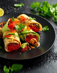 Fresh cucumber rolls with red caviar